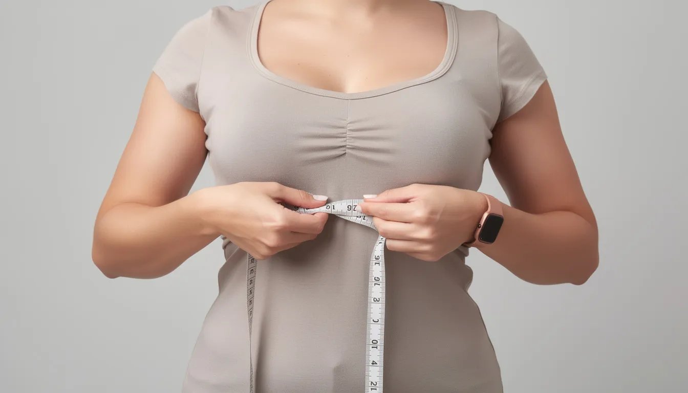 A person is using a soft measuring tape to measure around their bust, ensuring they find their correct bra size for a perfect fit. This process helps determine the band and cup sizes needed for optimal support and comfort in a bra.