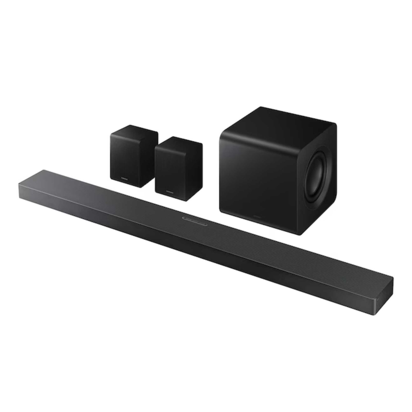 Samsung HW-QS750F soundbar, woofer and two surround speakers against white background.