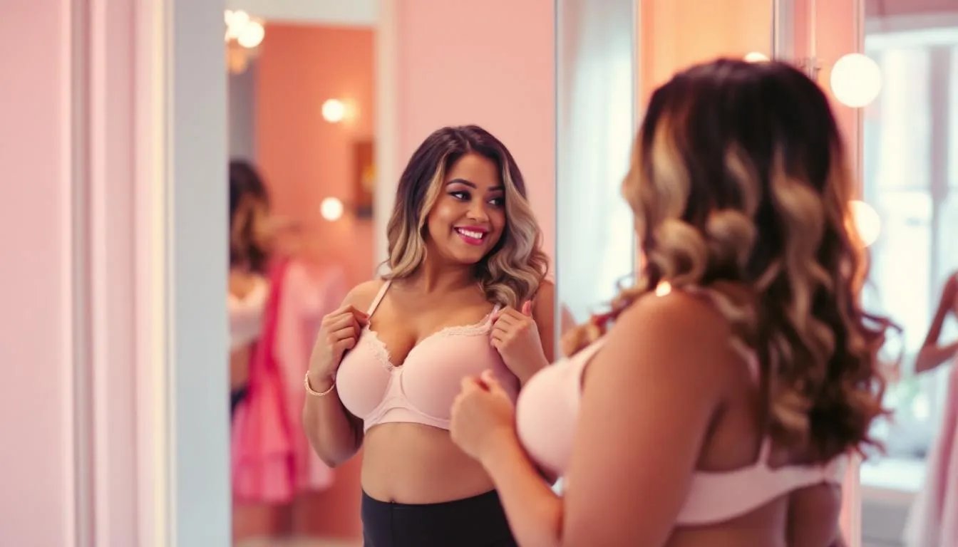 A woman trying on a plus size bra, assessing the fit and comfort.