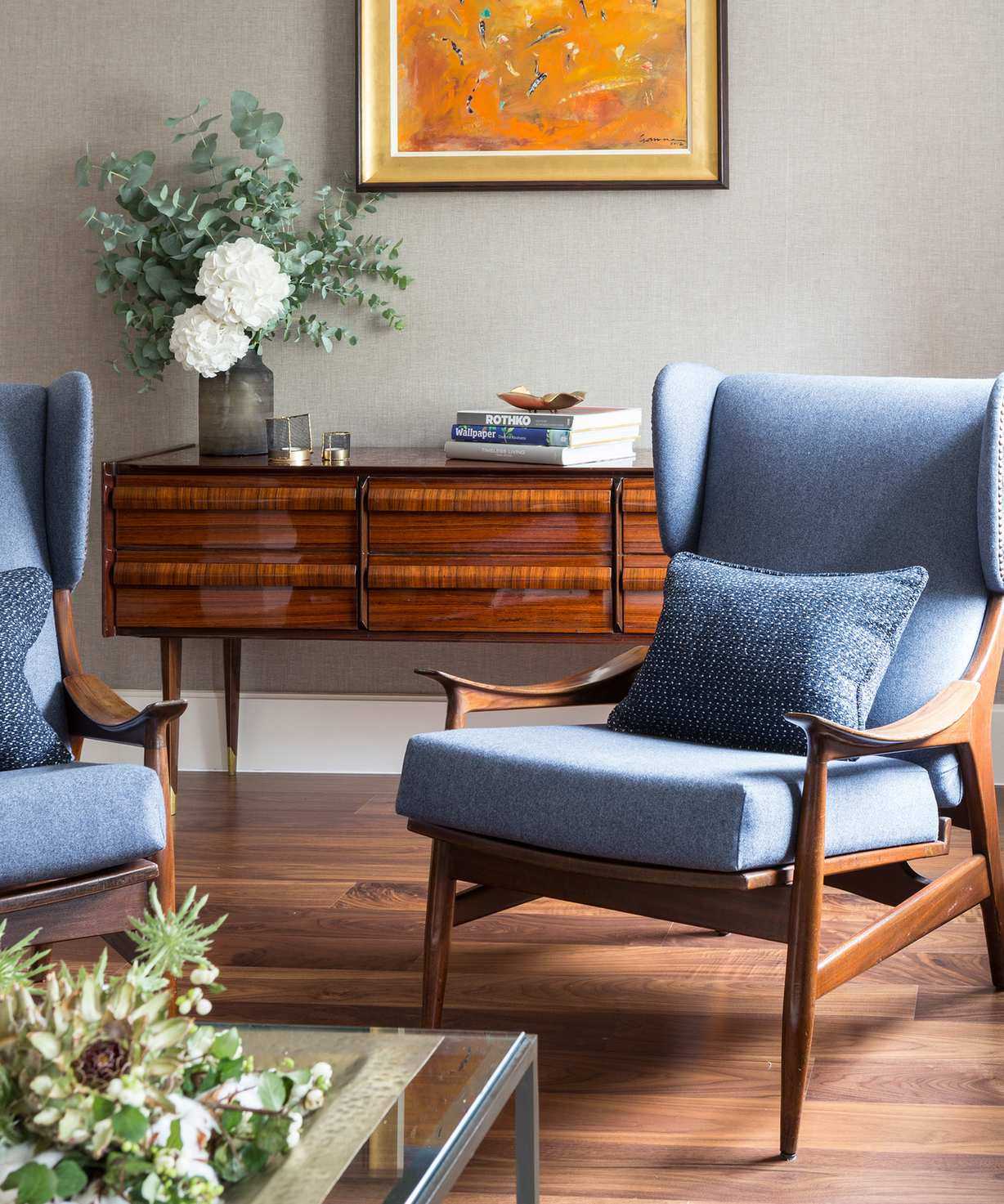 Mid century modern decor with wood armchair