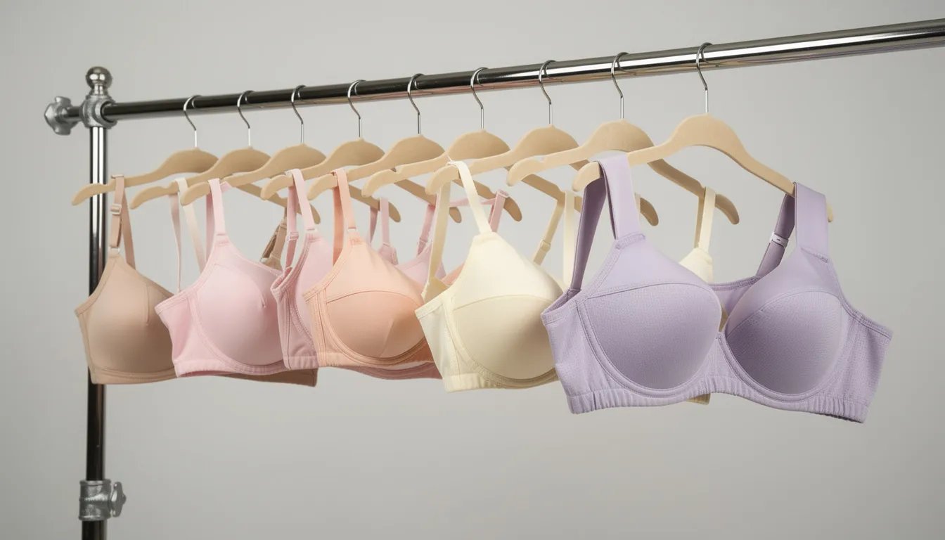 The image displays various bra sizes hanging on hangers, showcasing different cup volumes and band sizes, including options like D cup and H cup. This visual representation serves as a guide for understanding bra cup sizes and highlights the importance of finding a properly fitted bra to avoid common mistakes.