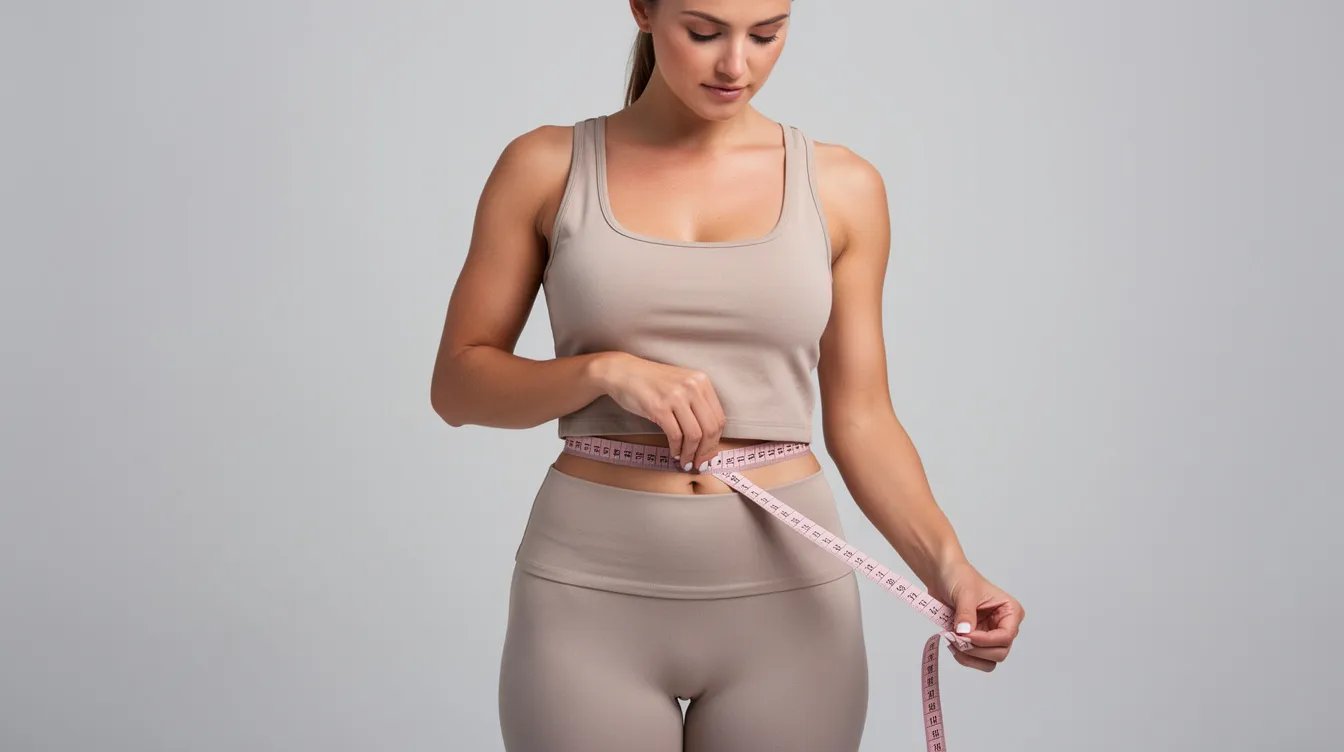 A woman stands with a soft measuring tape wrapped snugly around her torso just below the bust line, preparing to measure her band size for a better fit in a bra. This image highlights the importance of accurate bust measurement for achieving proper support and comfort.