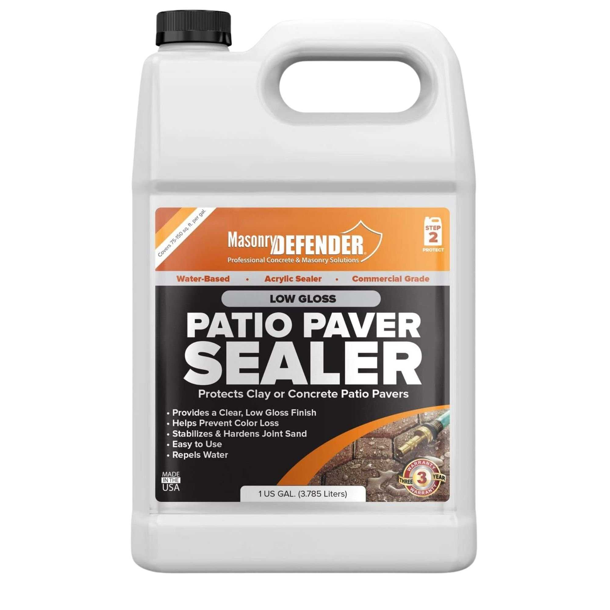 A side on view of a white plastic bottle of patio paver sealant with a black lid and black and orange label