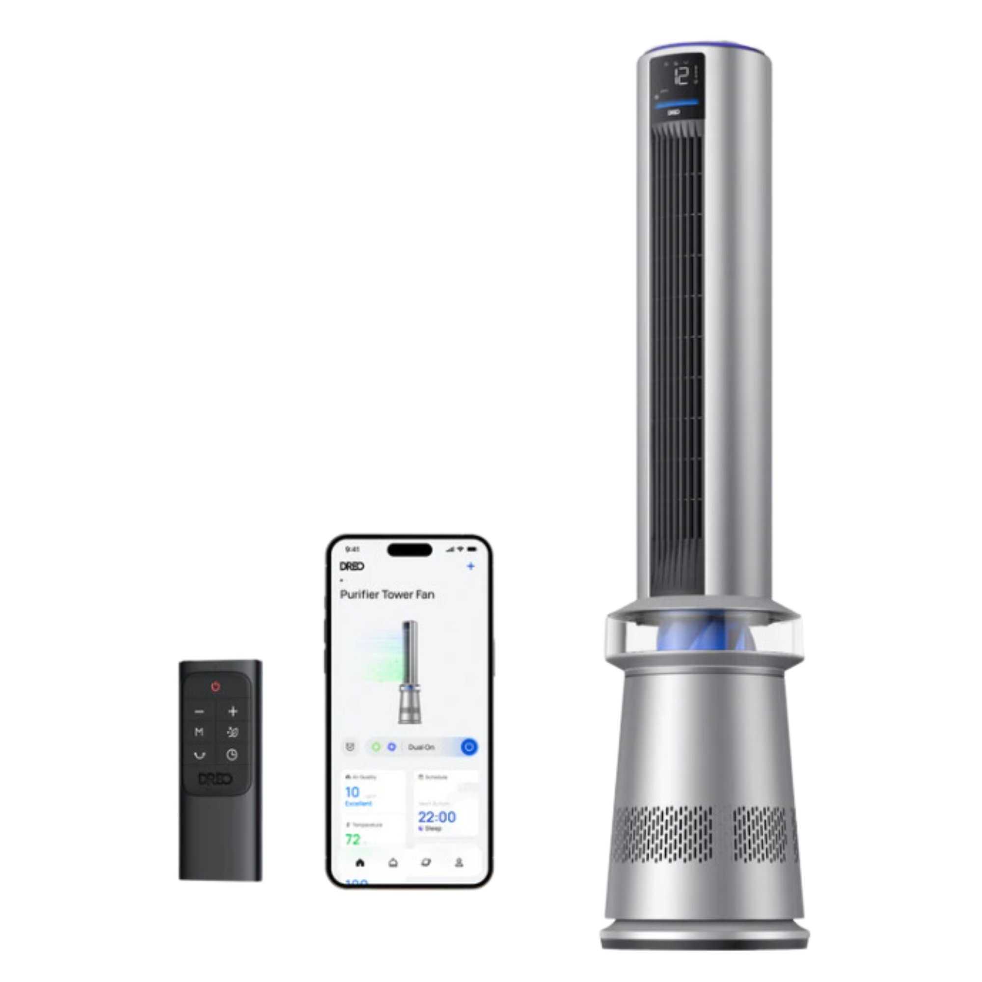 Gray Dreo Air Purifier Tower Fan MC710S with smartphone and remote control pictured in zoom alongside - all on a white background