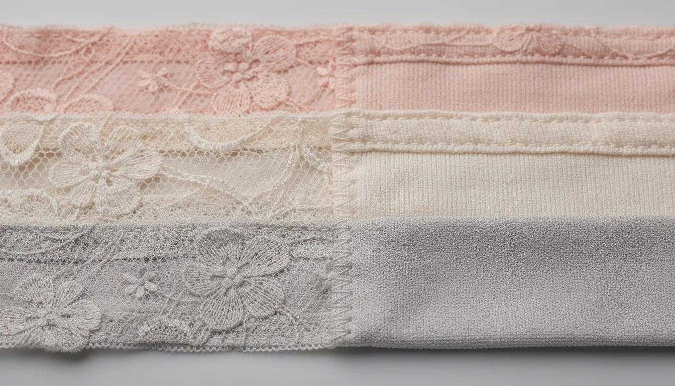 The image shows a close-up view of various bra fabric textures, including delicate lace, soft cotton, and smooth microfiber, arranged side by side to highlight their differences. This visual representation emphasizes the importance of selecting the right fabric for comfort and support in a properly fitted bra.