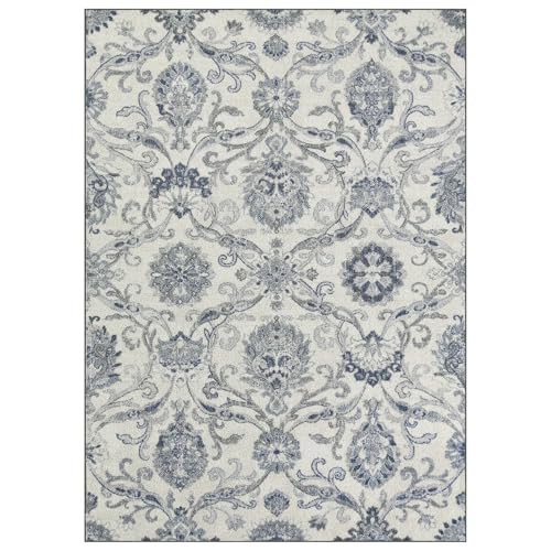 Maples Rugs Blooming Damask Area Rugs &ndash; Made in Usa &ndash; Low Pile, Non Slip Pet-Friendly Mat for Bedroom, Office, Living &amp; Dining Room, 5' X 7', Grey/blue