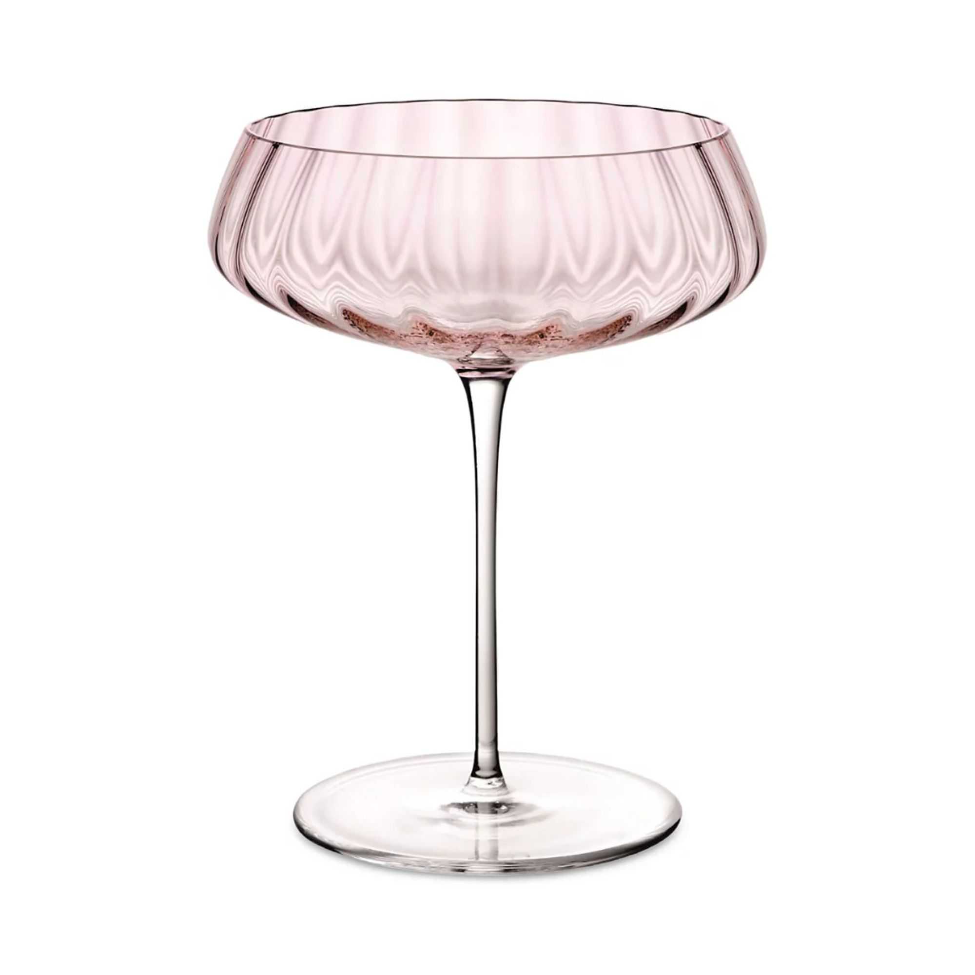 Pale pink scalloped coupe glass with a clear glass stem