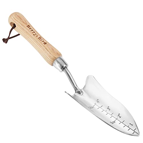Berry&amp;bird Transplant Trowel With Measurements, Garden Stainless Steel Potting Hand Trowel With Wooden Handle, Small Garden Hand Shovel Transplanter Tool for Planting Digging Transplanting Gardening