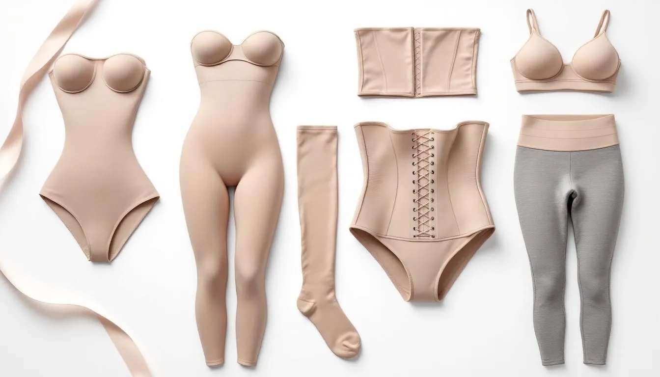 In the image, various types of shapewear are displayed, including cami bodysuits, shaping bodysuits, and waist trainers, showcasing their features such as supportive built-in bras and adjustable gussets. The garments are designed to create a smooth silhouette, providing targeted compression and support for different body shapes and sizes.