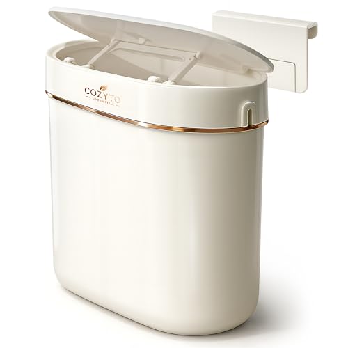 Cozyto Ecotoss Exo Wall-Mounted Trash Can &ndash; White Pearl, Dual-Lid Slim Bin With No-Drill Mounting, Odor-Control Lid for Kitchen, Bathroom, Rv, Small Spaces, 9.4l