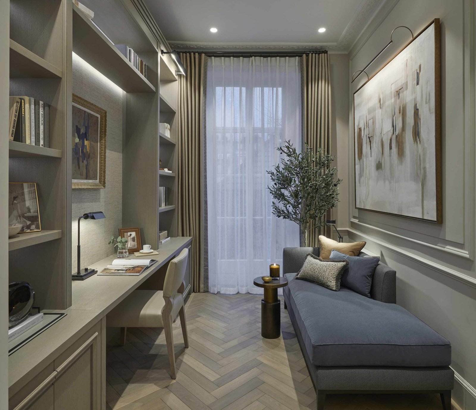 bespoke home office with soft seating, shelves and voile curtains