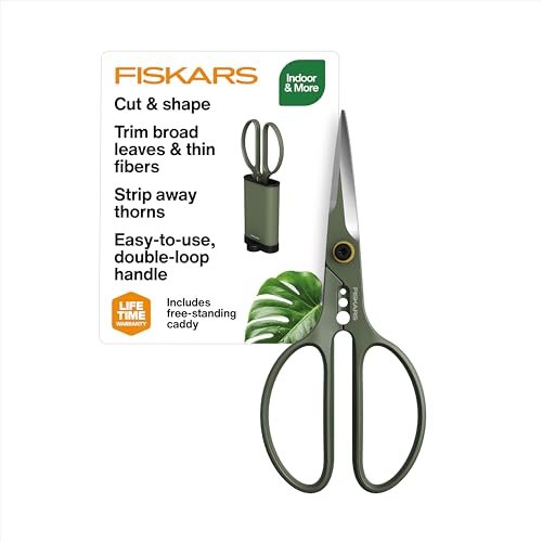 Fiskars Plant Shaping Shears &amp; Holder, Precision Indoor Gardening Snips With Storage Caddy, Forged Stainless Steel Blades for Clean Cuts on Broad Leaves, Ambidextrous Handles &amp; Stem Stripper, 6"