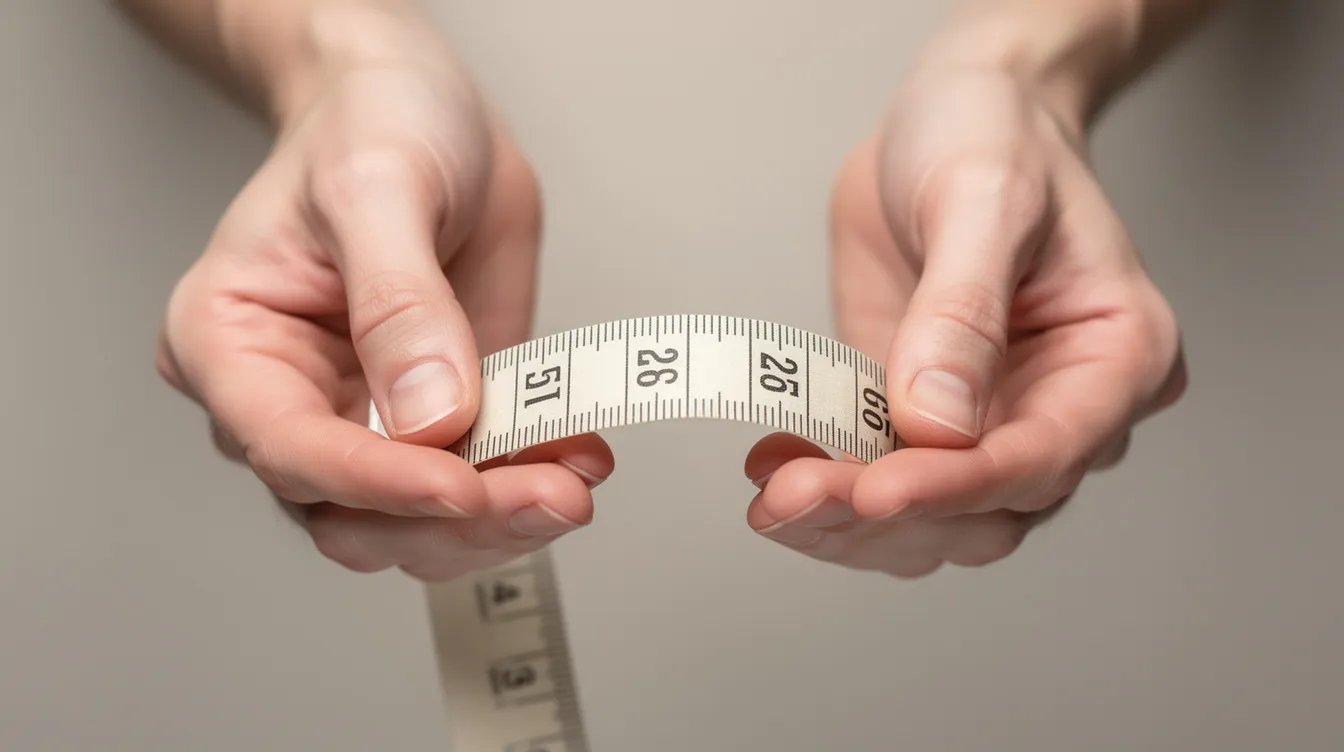 A close-up image shows hands holding a soft fabric measuring tape against a neutral background, emphasizing the importance of accurate measurements for determining bra size, including band and cup size. The tape measure is positioned to highlight the bust measurement and underbust circumference, essential for achieving a perfect fit in bras.