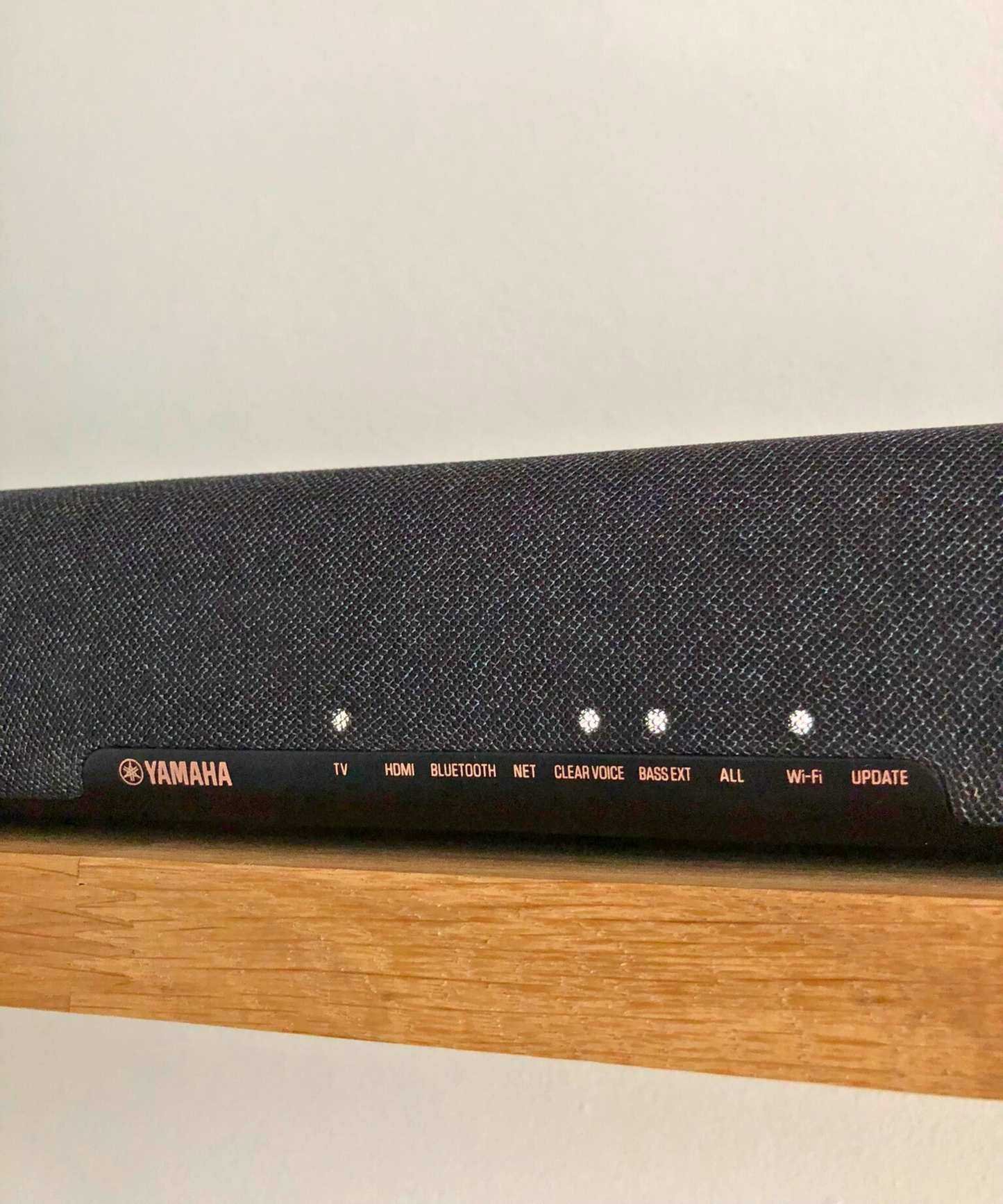 Yamaha True X Bar 50A soundbar on wooden shelf in Dan Fauzi's home.