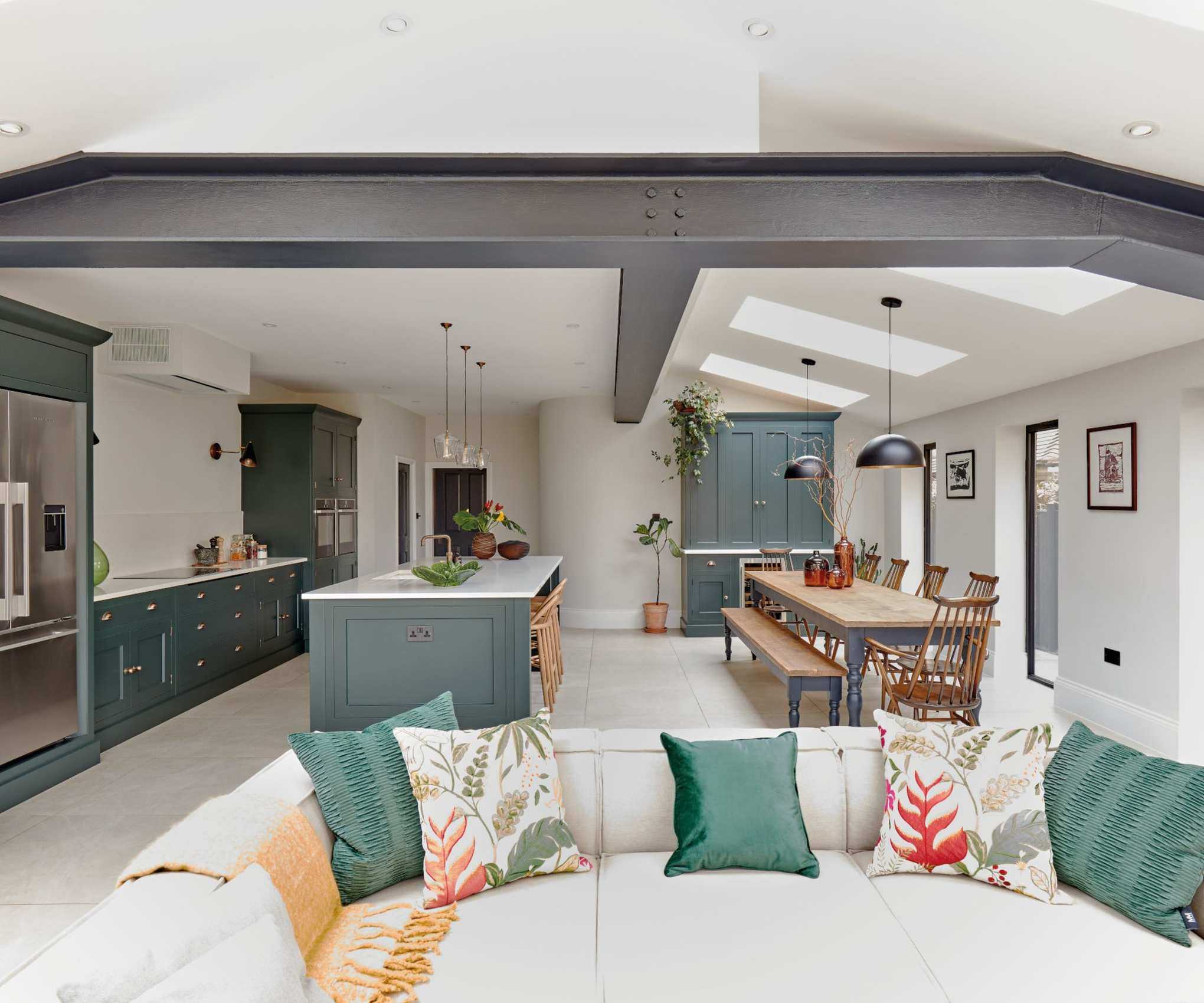 Open plan kitchen in blue