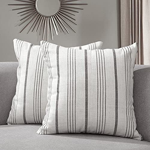 Sunlit Decorative Farmhouse Throw Pillow Case, Cover Only, Set of 2 Cream/off-White With Charcoal Stripes Square Pillow Cover, 18" X 18", Textured Linen Throw Cushion Covers
