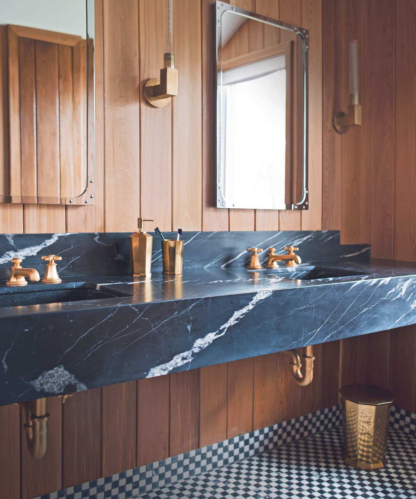 Double vanity bathroom idea with wood paneled wall behind