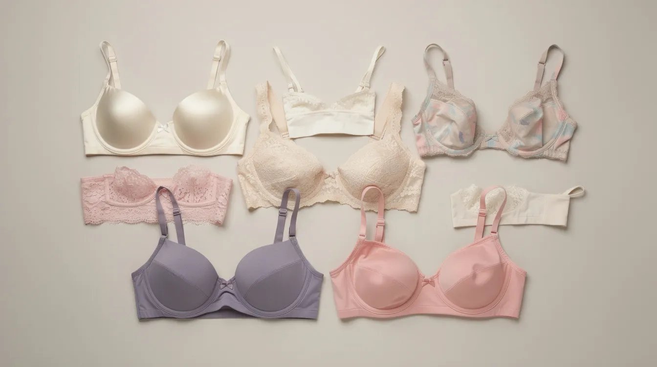The image features various bra styles, including t-shirt bras, balconettes, and wireless bras, all laid flat on a clean surface. Each bra showcases different cup sizes and band sizes, highlighting the diversity in styles and fits available for optimal support and comfort.