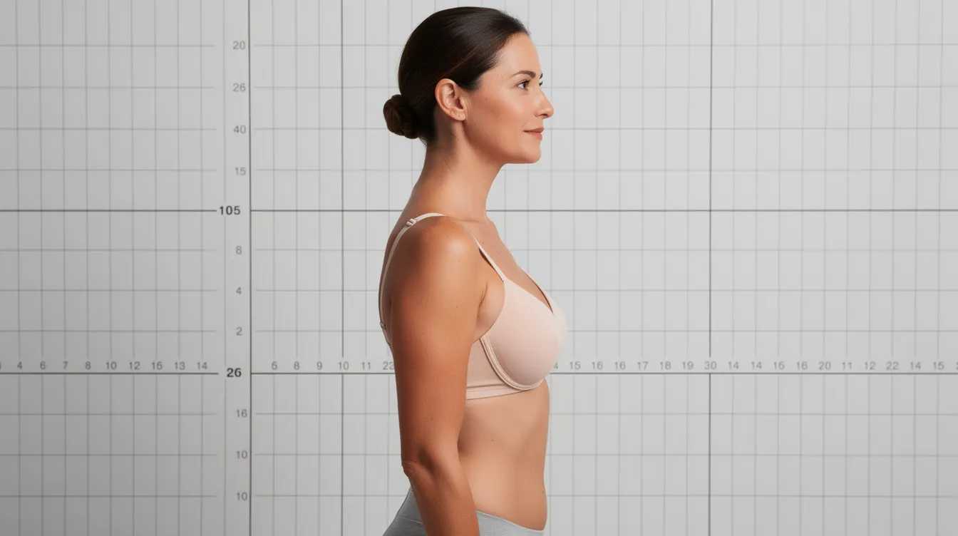 A woman stands in profile view wearing a simple unlined bra against a neutral background, with a measurement grid visible behind her. The image illustrates how to measure your bust and band size, emphasizing the importance of finding the correct fit for proper support.