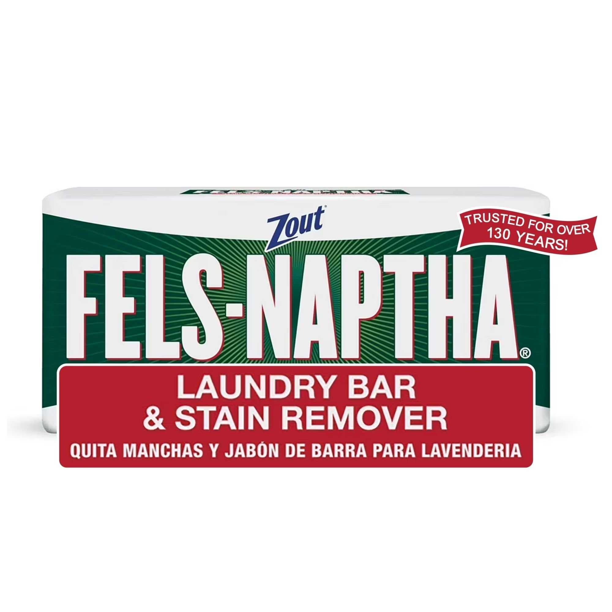 Fels-Naptha Laundry Bar &amp; Stain Remover in white, green, and red packaging