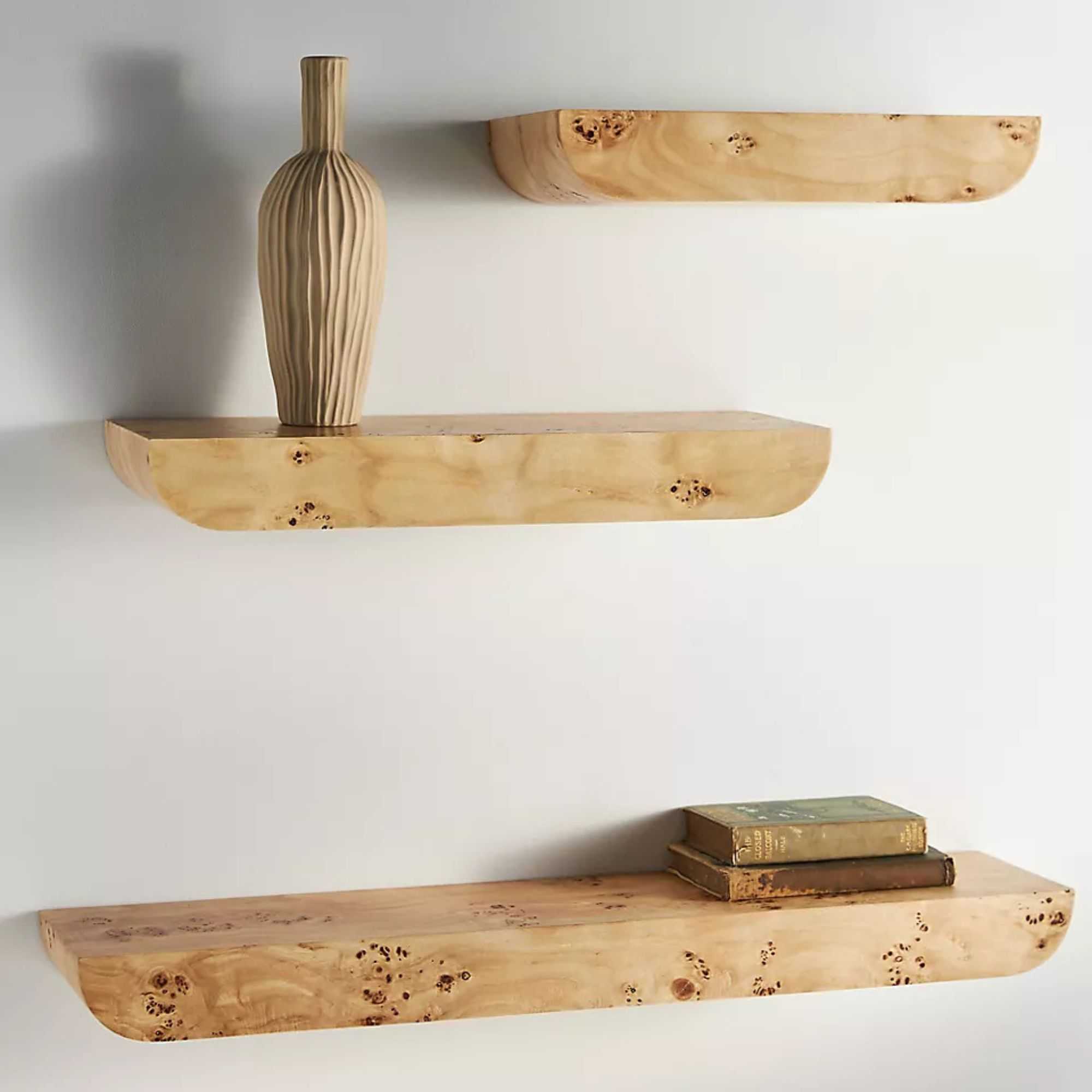 Set of three burl wood shelves