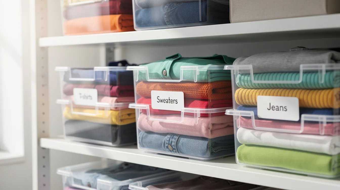 The image features neatly organized colorful cloths stored in clear containers, each labeled for easy identification. The vibrant fabrics promise a comfortable wear, perfect for various occasions and styles throughout your life.