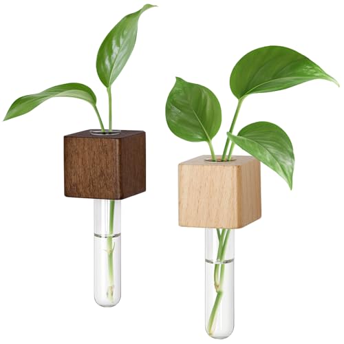 Magnetic Test Tube Flower Vases for Refrigerator, Set of 2 Wooden Fridge Magnet Planters With Glass Tubes &ndash; Light &amp; Dark Wood Color, Propagation Station for Hydroponic Display (no Plant Included)