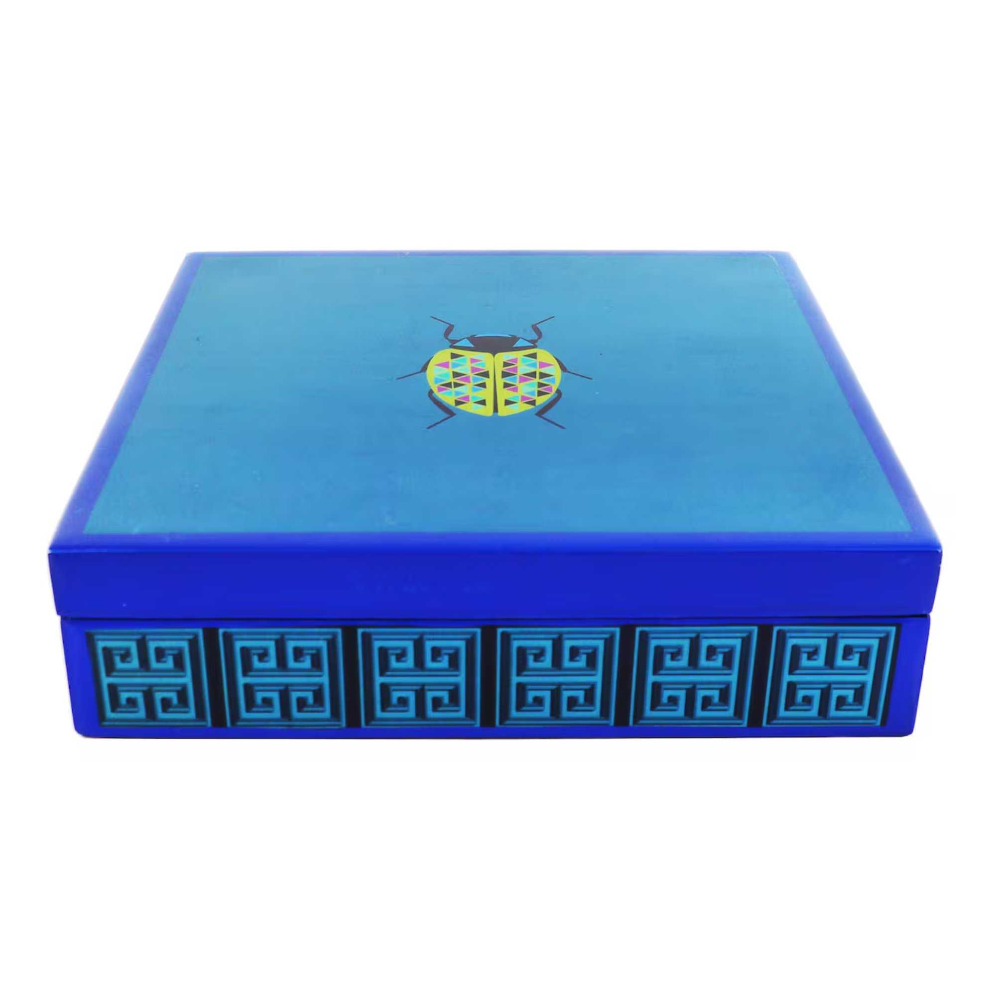 a blue box with a beetle on it