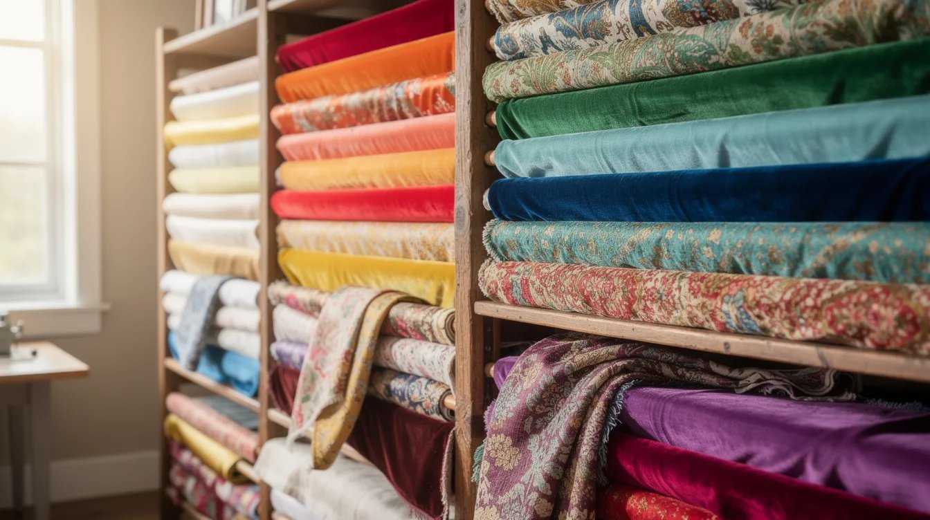 The image features colorful bolts of various quality fabrics, including beautiful linen and soft materials, neatly arranged on wooden shelves in a bright fabric store, inviting customers to explore options for their next sewing or quilting project. The vibrant display showcases a range of patterns and styles, perfect for crafting garments and other creative endeavors.